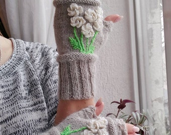 Gloves Embroidered fingerless gloves hand knit White beaded flowers fluffy soft mittens Gloves Gift for her