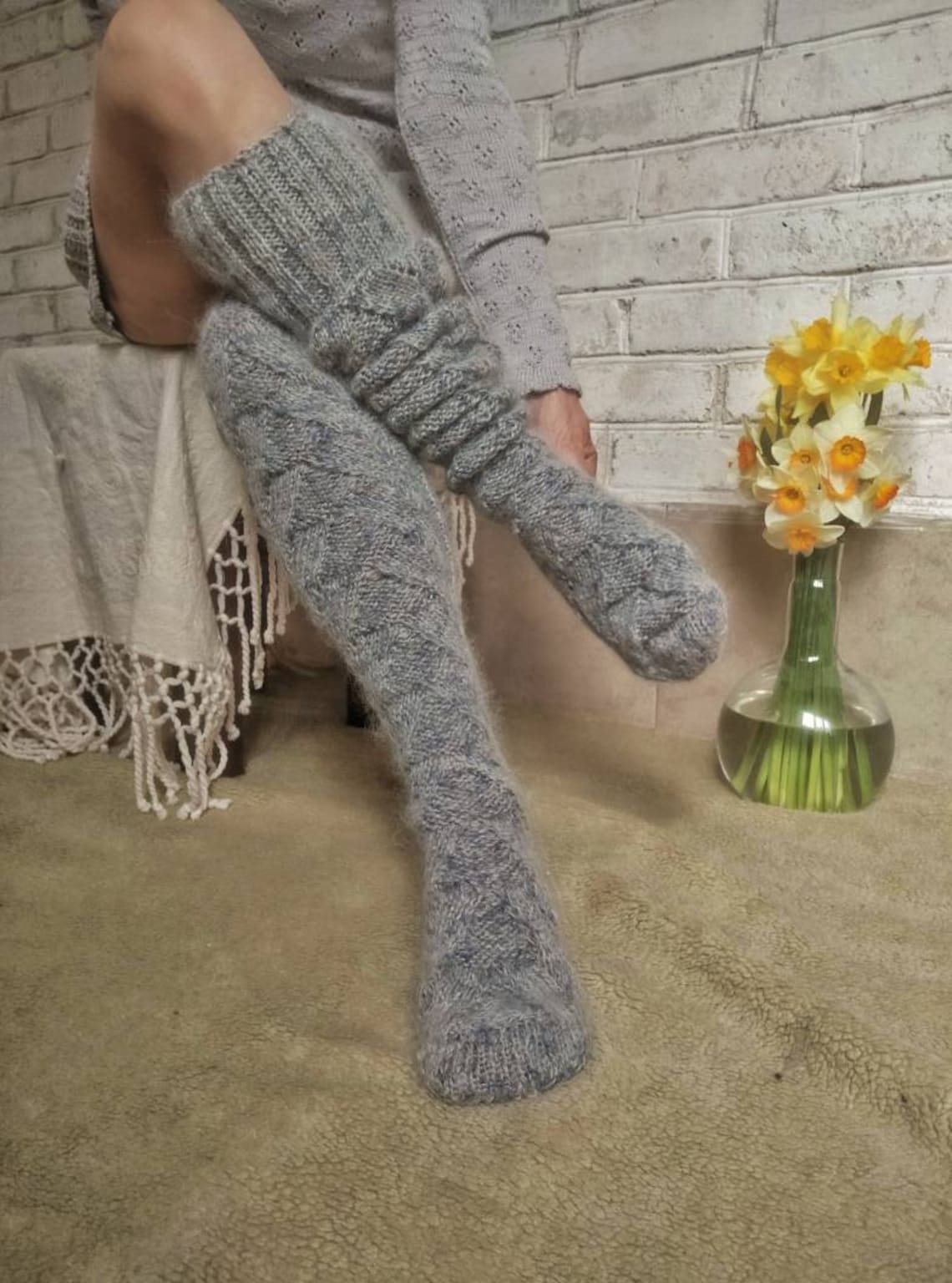 Over The Knee Socks Chunky Socks Hand Knitted High Socks Long Etsy