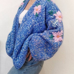 Oversize mohair cardigan with embroidered flowers hand knitted