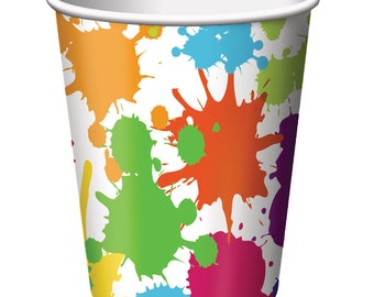 Rainbow Paint Splatter Paper Cups Art Party Drinkware 8 Ct Birthday Supplies