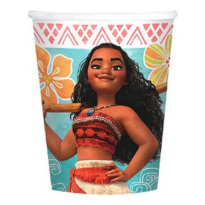 May include: A disposable paper cup featuring a printed illustration of a character with long dark wavy hair, wearing a red patterned top and skirt. The background is light blue with orange and yellow flowers and a pink geometric border at the top.