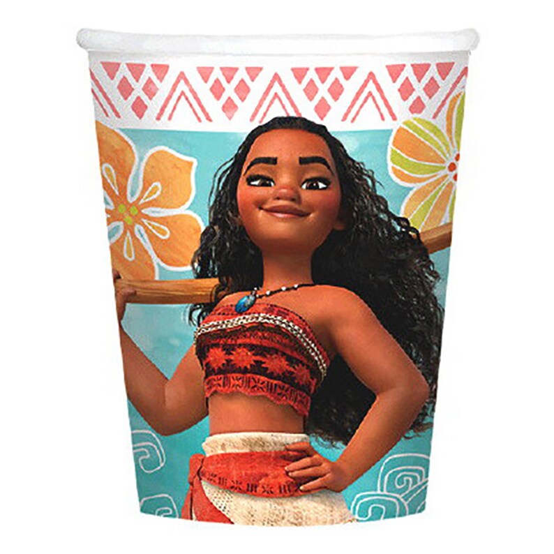 May include: A disposable paper cup featuring a printed illustration of a character with long dark wavy hair, wearing a red patterned top and skirt. The background is light blue with orange and yellow flowers and a pink geometric border at the top.