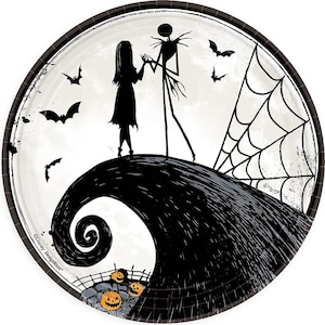May include: Round paper plate featuring a black and white silhouette scene. The design includes Jack and Sally from The Nightmare Before Christmas, bats, a spider web, and a spooky hill with jack-o'-lanterns. The plate has a black rim.