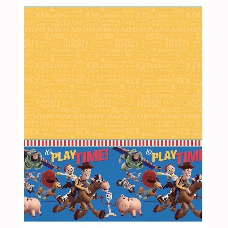 May include: A rectangular party tablecloth featuring a yellow top section with repeating character names and a blue bottom section displaying Woody, Buzz Lightyear, Jessie, Bullseye, Forky, and Hamm with the text It's PLAY TIME! in red and yellow.