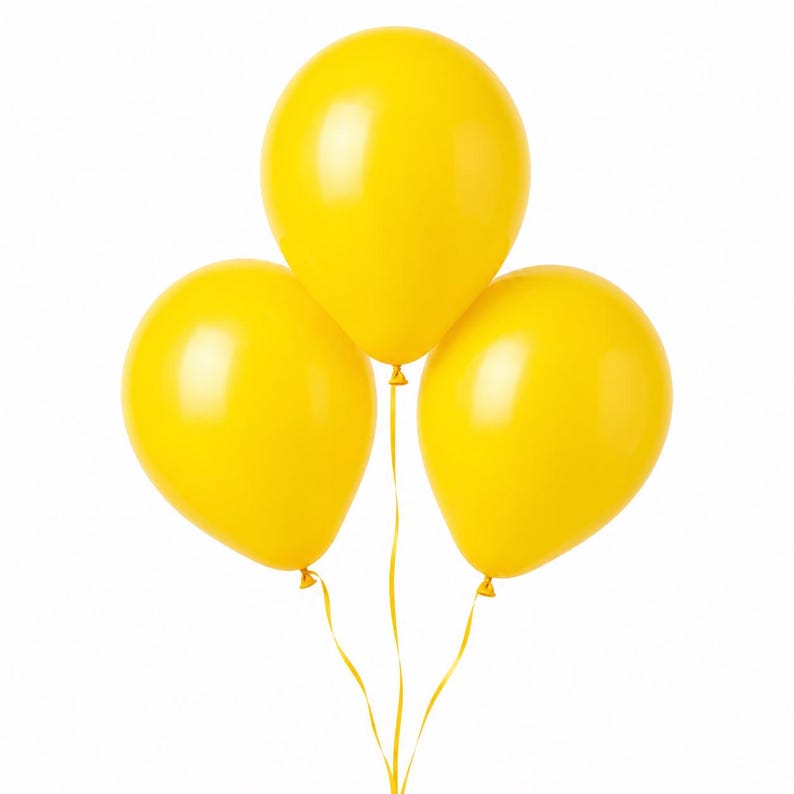 May include: Three bright yellow balloons arranged in a cluster, each featuring a smooth, rounded surface and a reflective sheen. Each balloon is attached to a thin, matching yellow ribbon that extends downward from the knotted base of the balloon.