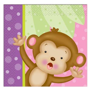 May include: A square paper napkin featuring a cartoon monkey with a surprised expression. The monkey is brown with pink ears and cheeks, set against a pink polka-dot background. The design includes green and purple accents, creating a playful, whimsical theme.