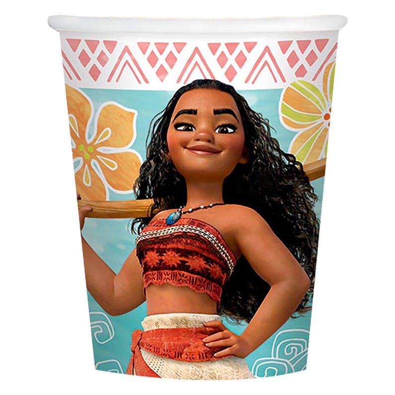 May include: A disposable paper cup featuring a graphic of the character Moana with long dark wavy hair, wearing a red patterned top and skirt. The background is light blue with orange and yellow tropical flowers and a white geometric border.