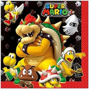 May include: A square paper napkin featuring a Super Mario graphic on a black background. The design includes Bowser, a Goomba, a Hammer Bro, a Paratroopa, a Blooper, and a Spiny shell. The text Super Mario is printed in colorful letters.