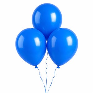 May include: Three vibrant blue balloons arranged in a cluster, each featuring a smooth, glossy surface with a reflective highlight. Each balloon is tied with a matching blue ribbon that extends downward, creating a cohesive and festive display.