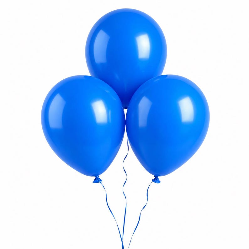 May include: Three vibrant blue balloons arranged in a cluster, each featuring a smooth, glossy surface with a reflective highlight. Each balloon is tied with a matching blue ribbon that extends downward, creating a cohesive and festive display.
