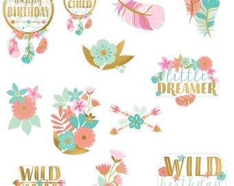 BOHO Wild Child Birthday Cutouts Little Dreamer Pastel Colors 12 Pieces