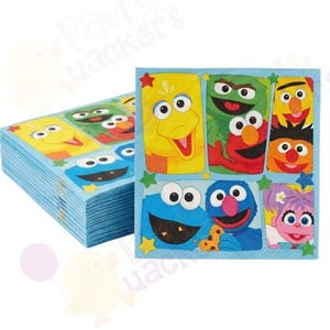 May include: A stack of square paper napkins featuring a light blue background with colorful illustrations of Sesame Street characters including Big Bird, Elmo, Cookie Monster, Bert, Ernie, and Abby Cadabby, accented with small yellow and green stars.