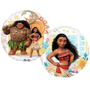 May include: Two round foil balloons featuring Disney's Moana characters. One balloon shows Moana and Maui with a large hook, sun, and geometric patterns. The second balloon features Moana standing against a tropical background with flowers and ocean waves.