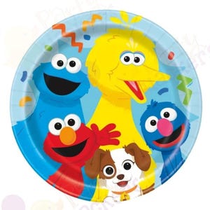 May include: A round paper plate featuring a colorful graphic of Sesame Street characters including Big Bird, Elmo, Cookie Monster, Grover, and a small brown and white puppy. The background is light blue with scattered orange and green confetti shapes.
