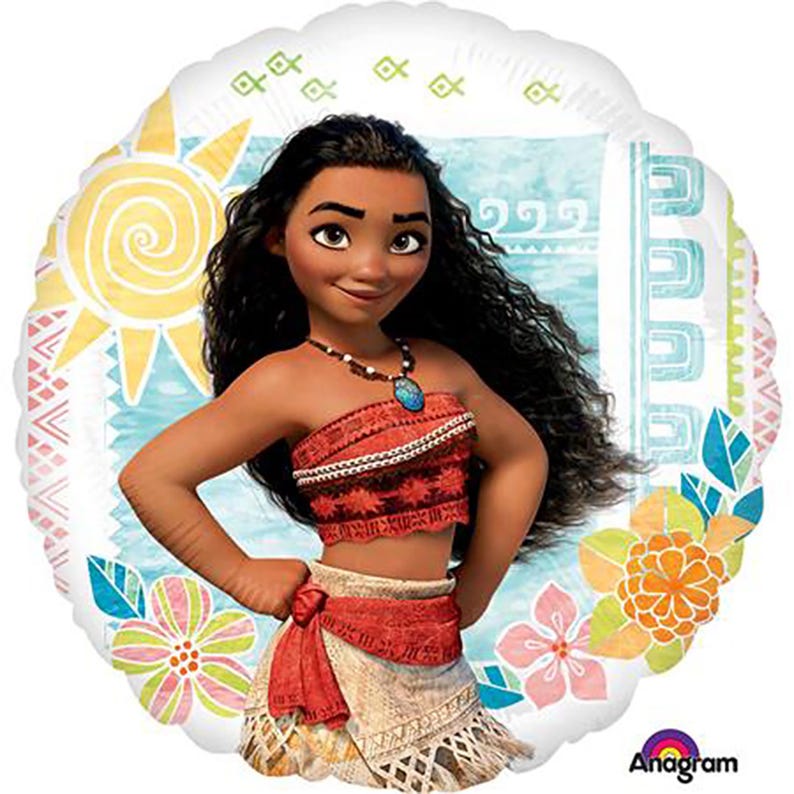 May include: A round foil balloon featuring a printed illustration of Moana with long dark wavy hair, wearing a red patterned top and a beige skirt. The background displays a yellow sun, blue water, and colorful tropical flowers with the Anagram logo.