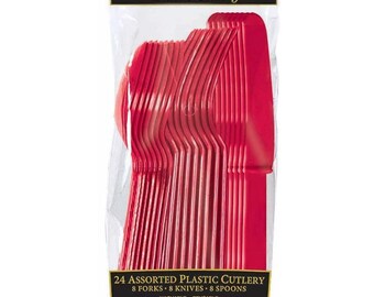 Apple Red Plastic Cutlery Party Tableware Knives Forks Spoons 24 Pieces