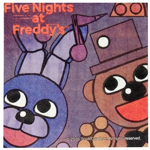 May include: A purple and blue cartoon bunny with a big smile and large eyes. The bunny is wearing a purple hat with a red and white stripe. The bunny is next to a brown cartoon bear with a black top hat and a big smile. The text "Five Nights at Freddy's" is at the top of the image. The text "2016 Scott Cawthon. All rights reserved." is at the bottom of the image.
