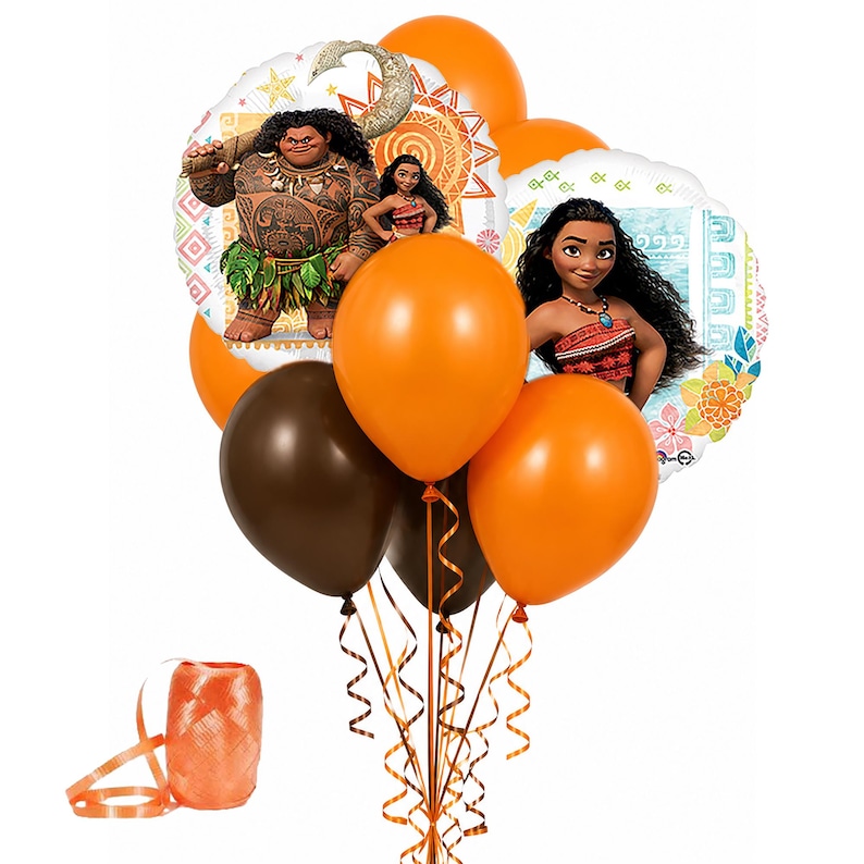 May include: A balloon bouquet featuring two round foil balloons printed with Moana and Maui characters, surrounded by solid orange and dark brown latex balloons. The set includes orange curling ribbons and a spool of matching orange ribbon.
