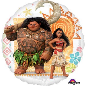 May include: A round foil balloon featuring a colorful graphic of Maui and Moana. Maui is depicted with extensive tattoos, a leaf skirt, and a large hook. Moana wears a patterned top and skirt. The background includes a sun, flowers, and stars.