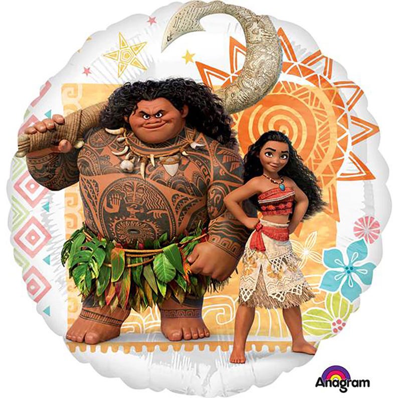May include: A round foil balloon featuring a colorful graphic of Maui and Moana. Maui is depicted with extensive tattoos, a leaf skirt, and a large hook. Moana wears a patterned top and skirt. The background includes a sun, flowers, and stars.