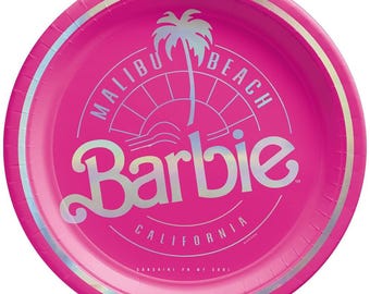 Platos de papel metálicos rosa intenso de Barbie para fiesta de cumpleaños en la playa de Malibú, 8 unidades, nuevos