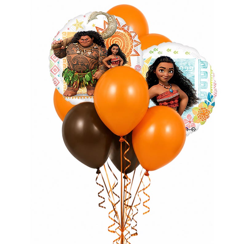 May include: A balloon bouquet featuring two round foil balloons printed with Moana and Maui characters, surrounded by three solid orange latex balloons and two solid dark brown latex balloons, all tied together with thin, curled orange ribbons.
