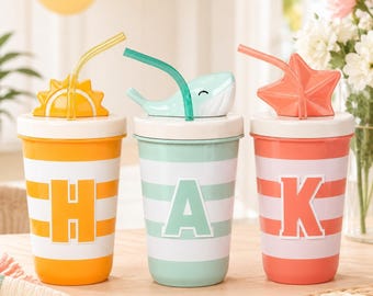 Personalized 16 oz Striped Straw Tumbler with Monogram, Sun Whale or Star