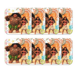 May include: A set of eight rectangular paper plates featuring a colorful graphic print of the characters Maui and Moana. The design includes orange spiral patterns, yellow stars, and blue and green tropical flowers against a light background.