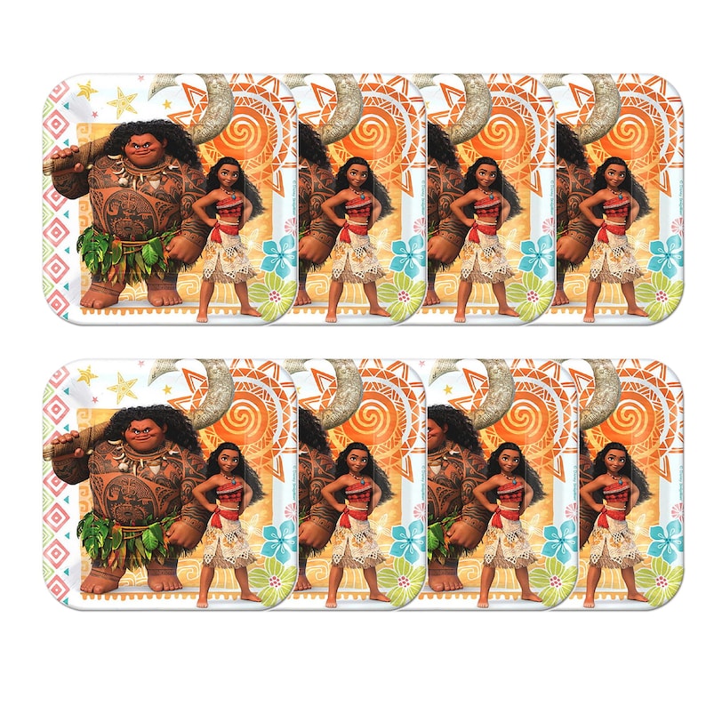 May include: A set of eight rectangular paper plates featuring a colorful graphic print of the characters Maui and Moana. The design includes orange spiral patterns, yellow stars, and blue and green tropical flowers against a light background.