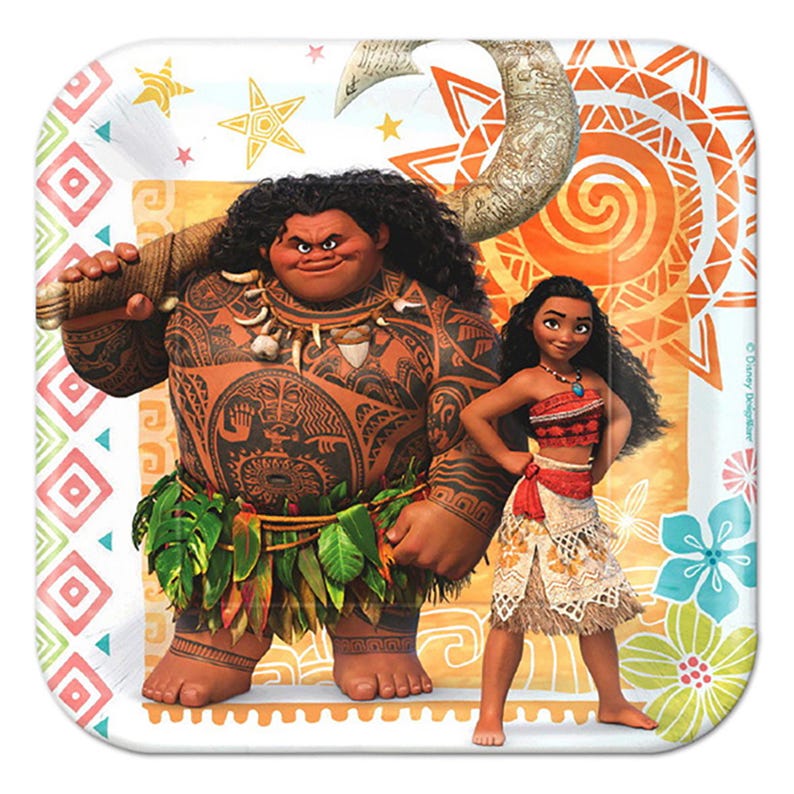 May include: A square paper plate featuring a graphic illustration of Maui and Moana. Maui is depicted with extensive tattoos, a leaf skirt, and a large hook. Moana wears a red and beige outfit. The background includes a sun, stars, and flowers.
