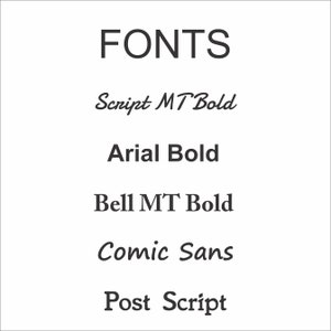 May include: A list of different fonts, including Script MT Bold, Arial Bold, Bell MT Bold, Comic Sans, and Post Script.