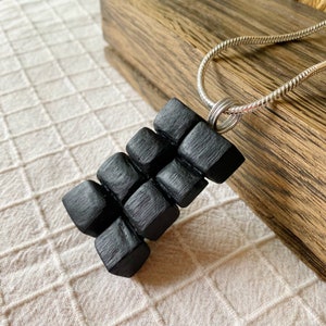 Irish Bog Oak Carved Cube Necklace Gift - Handmade