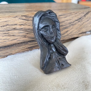 Handmade Irish Bog Oak Carved Female Face Brooch