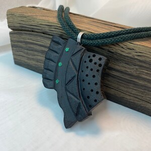 Irish Bog Oak Carved Pendant with Green Bead Insets | Handmade