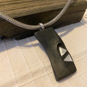 Irish Bog Oak Carved Pendant with metal triangles Detail Gift - Handmade