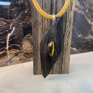 Irish Bog Oak Raw Pendant with Amber Stone - Handmade