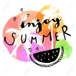 May include: A graphic illustration featuring the black handwritten text enjoy SUMMER over a watercolour background of orange, pink, and green hues. The design includes white palm tree silhouettes, small heart outlines, and a black watermelon slice.