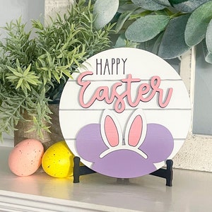 Mini Happy Easter Mickey tiered tray sign with display easel // Disney Easter Spring farmhouse decor // Easter tiered tray shelf decor