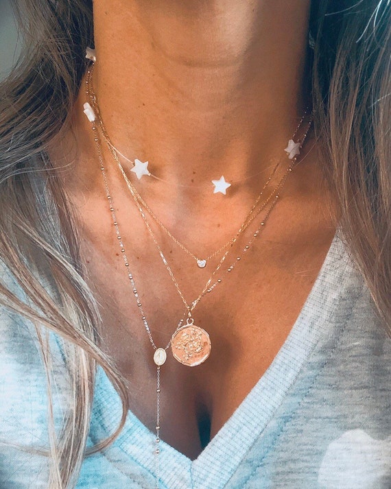 Mother of Pearl Stars Clear Necklace Floating. Invisible Fishing Line  Stars. Nylon Choker. Nylon Cord. 