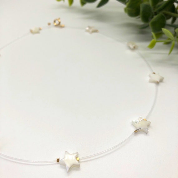 Mother of Pearl Stars Clear Necklace FLOATING. Invisible Fishing Line Stars. Nylon Choker. Nylon CORD.