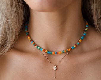 Gargantilla colorida con cuentas / Collar de capas chapado en oro / Regalo de joyería de verano para la playa para ella