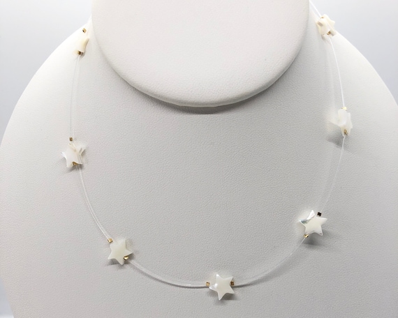 Mother of Pearl Stars Clear Necklace FLOATING. Invisible Fishing Line Stars. Nylon Choker. Nylon CORD.