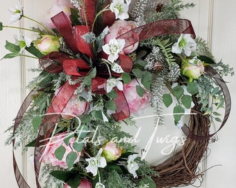 Victorian-Inspired Wreath with Pink Peonies and White Roses - Romantic Home Decor - Handmade Elegance by Petals and Twigs