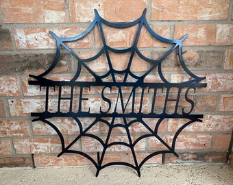 Halloween Spiderweb Metal Custom Personalized Metal Family Last Name Porch Wall Door Sign