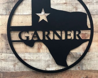 Texas State Metal Sign, Circle Monogram, Personalized Family Name