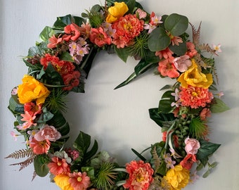 bright colorful summer wreath with airplants, ferns, succulents, tropical foliage 21" x 21"
