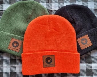 Cuffed Knit Beanie: Unisex Winter Hat with Faux Leather Patch