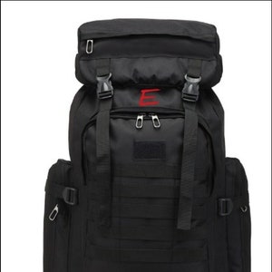 May include: A large black backpack with multiple pockets and straps. The backpack has a red "E" embroidered on the front.