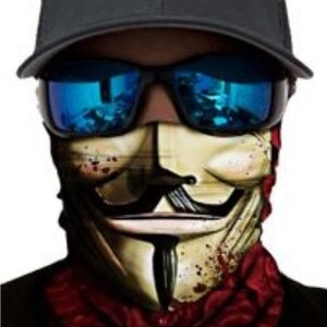 May include: A black and red face mask with a graphic of the Guy Fawkes mask. The mask has a white background with black lines and a red and black bandana around the neck.