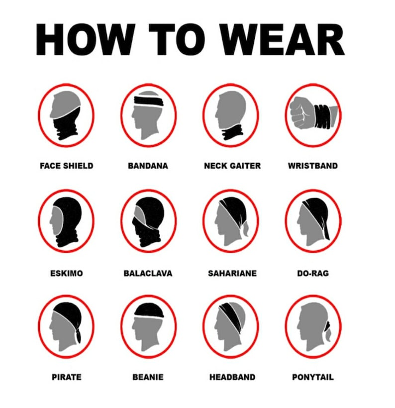 May include: Diagram showing 12 different ways to wear a multi-functional headwear, including face shield, bandana, neck gaiter, wristband, eskimo, balaclava, sahariane, do-rag, pirate, beanie, headband, and ponytail.